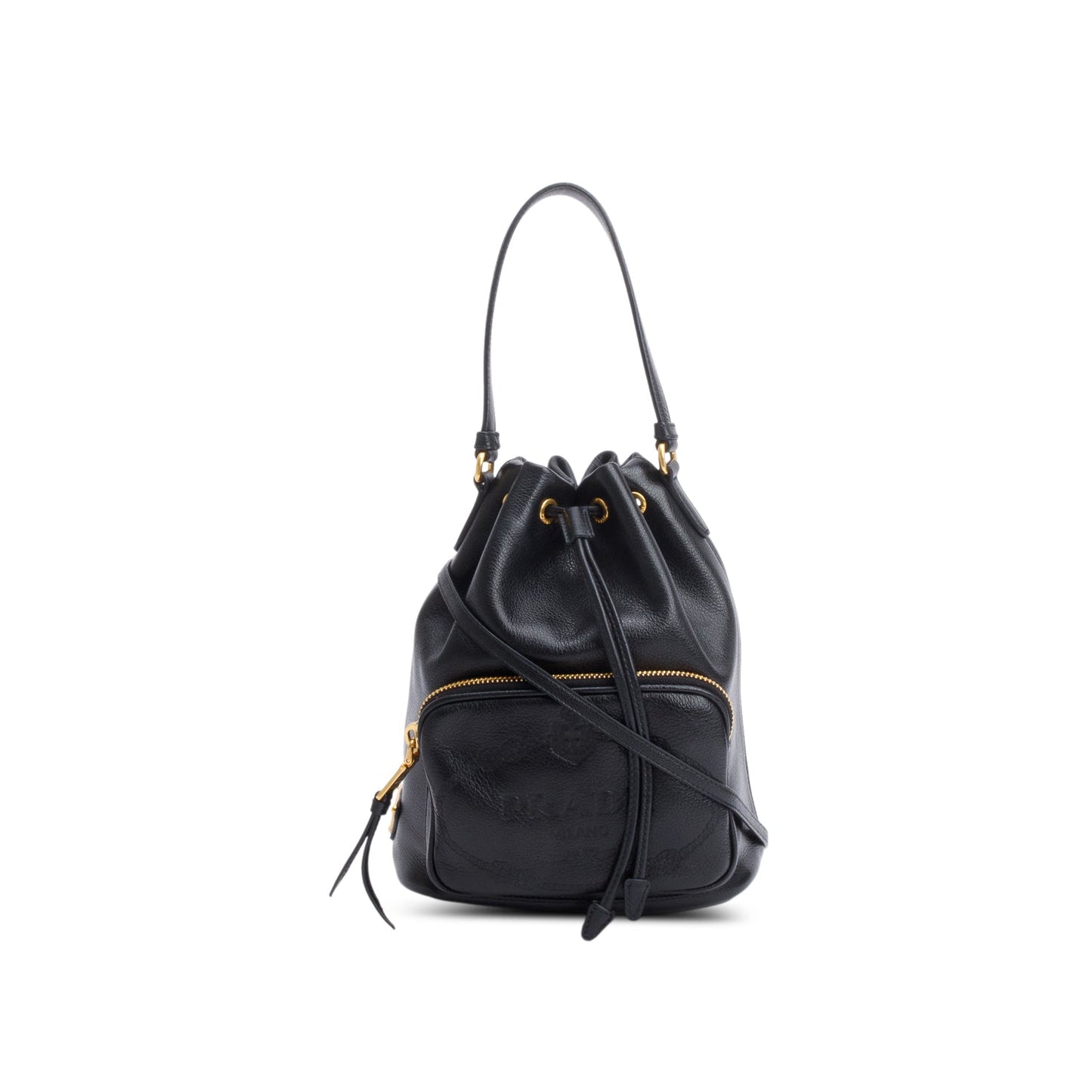 Prada Black Glace Calf Leather Logo Duet Bucket Bag