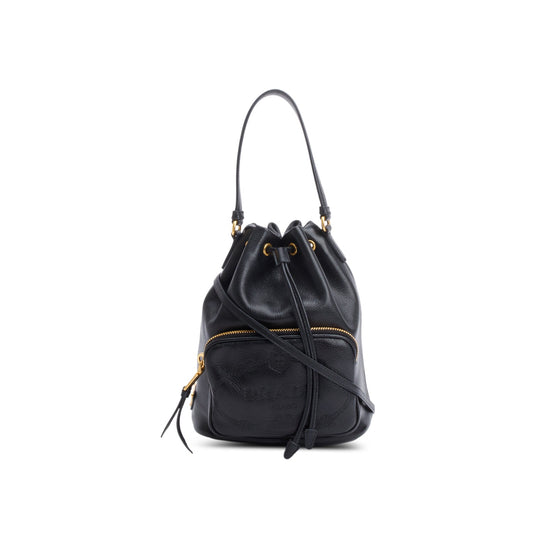 Prada Black Glace Calf Leather Logo Duet Bucket Bag