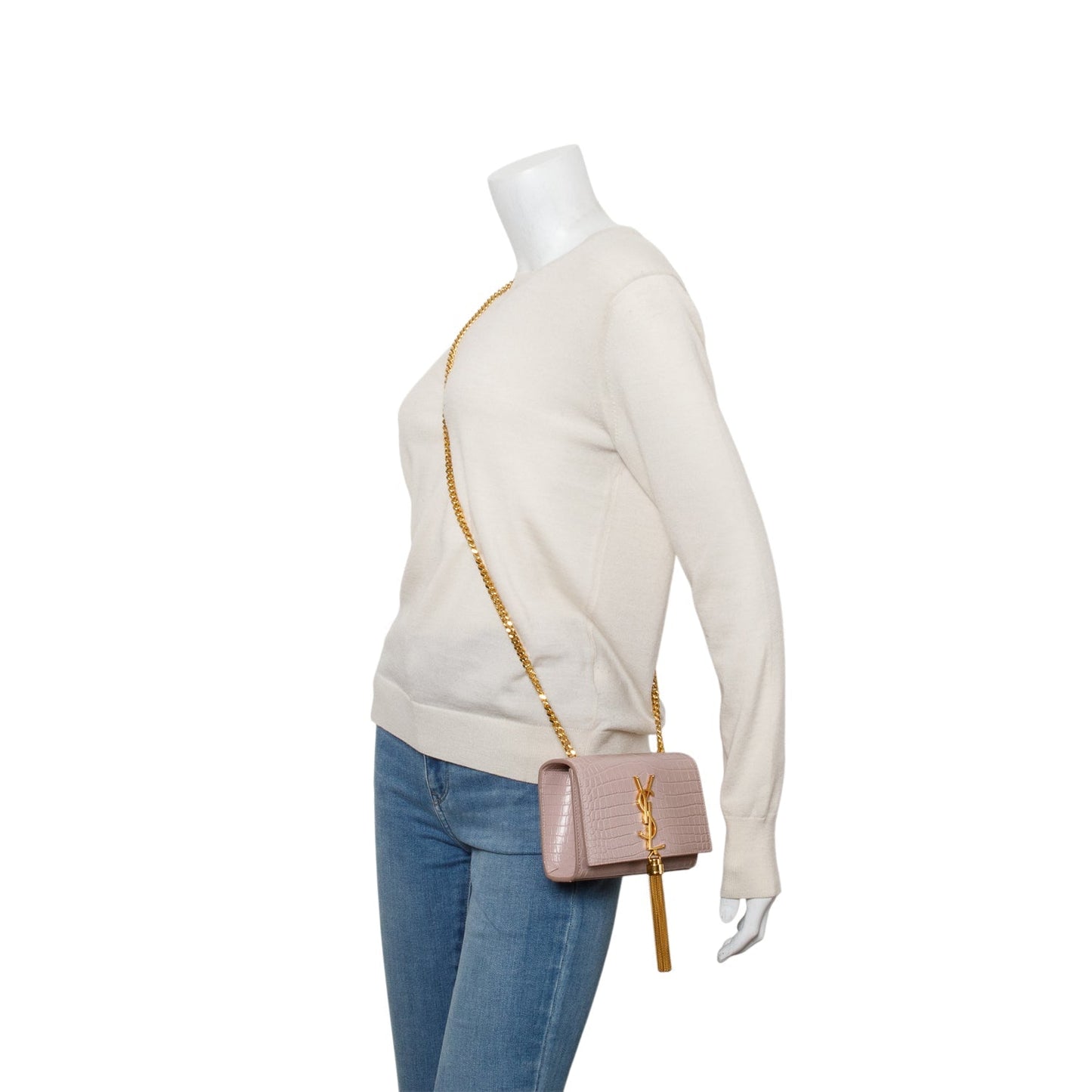 Saint Laurent Pink Croc-Embossed Leather Mini Kate Tassel Bag