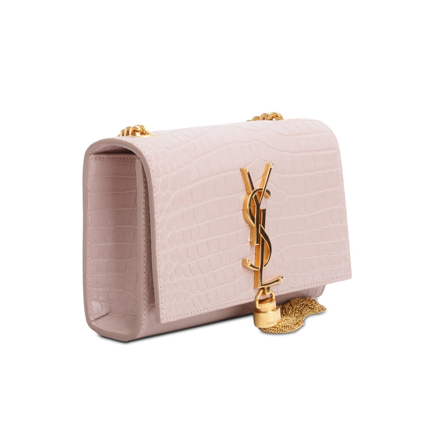 Saint Laurent Pink Croc-Embossed Leather Mini Kate Tassel Bag