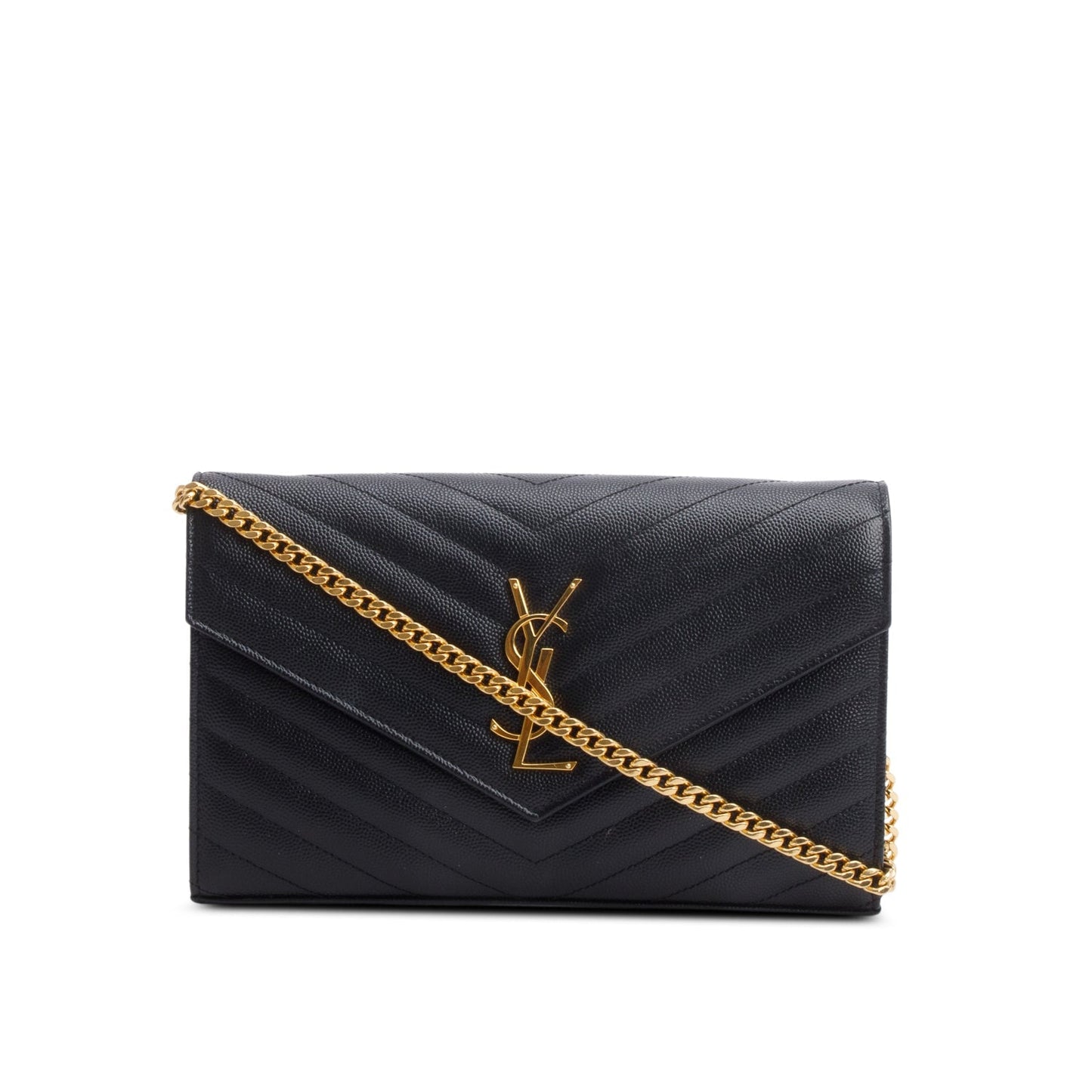 Saint Laurent 2022 Black Grain De Poudre Leather Envelope Chain Wallet