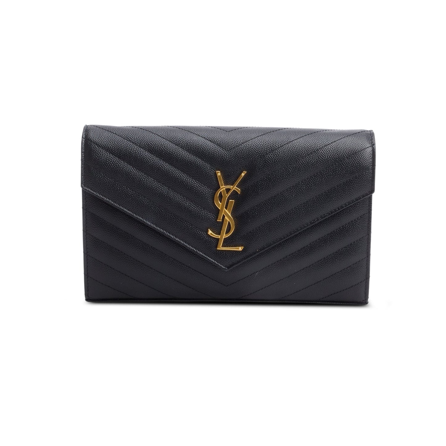 Saint Laurent 2022 Black Grain De Poudre Leather Envelope Chain Wallet