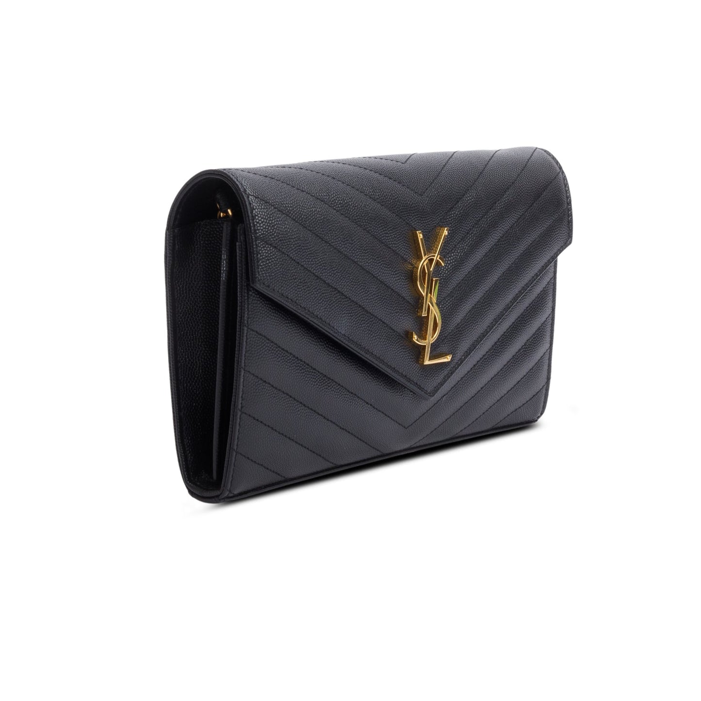 Saint Laurent 2022 Black Grain De Poudre Leather Envelope Chain Wallet