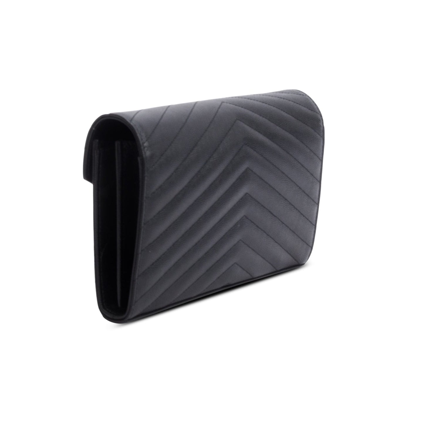 Saint Laurent 2022 Black Grain De Poudre Leather Envelope Chain Wallet