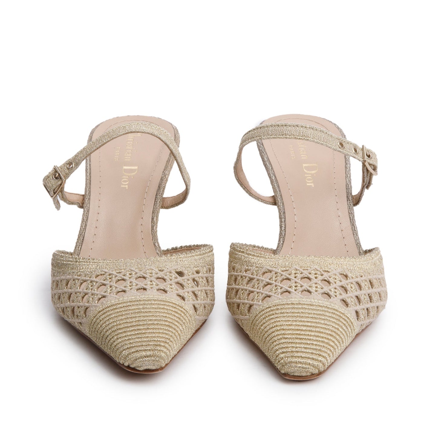 Christian Dior Beige/Gold Cannage Fabric Capture Slingback Pumps, Size 37