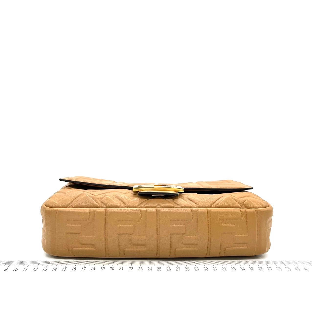 FENDI Baguette Camel Leather 3D FF Motif Crossbody bag