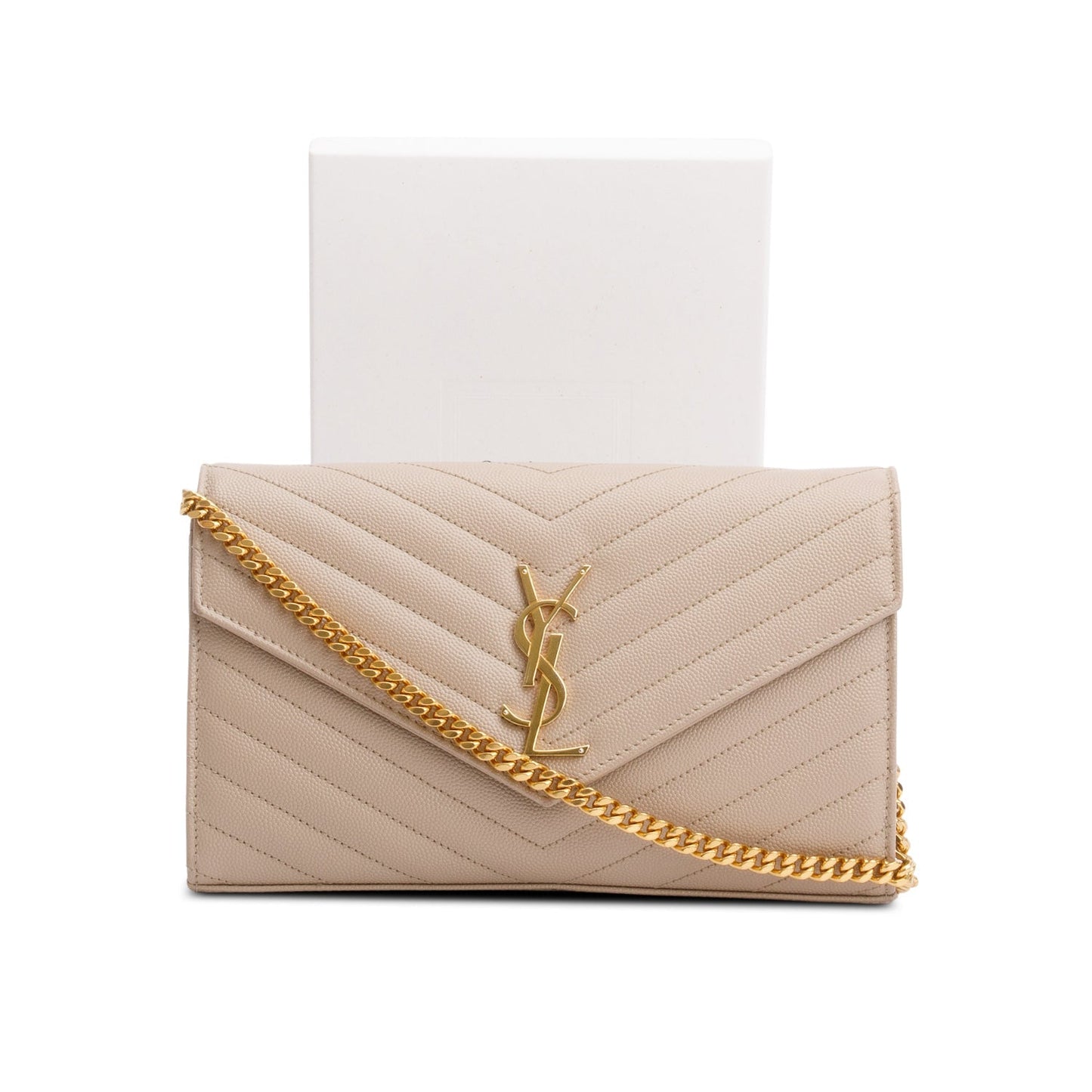 Saint Laurent 2023 Beige Grain De Poudre Leather Cassandre Envelope Chain Wallet