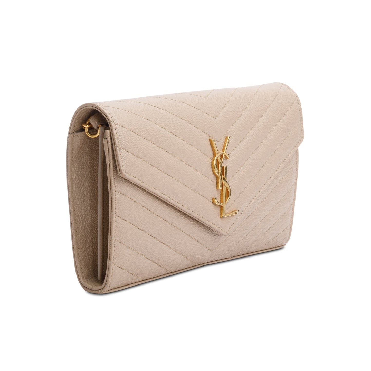 Saint Laurent 2023 Beige Grain De Poudre Leather Cassandre Envelope Chain Wallet