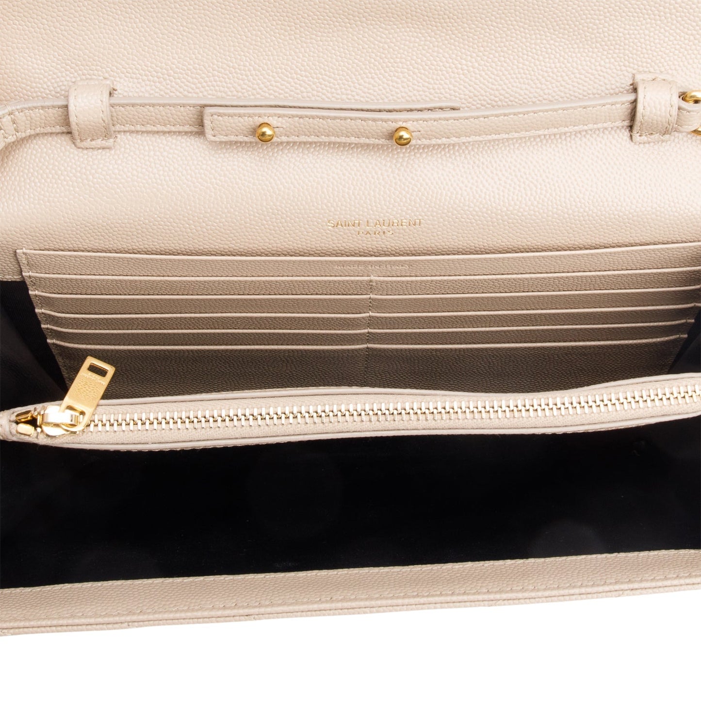 Saint Laurent 2023 Beige Grain De Poudre Leather Cassandre Envelope Chain Wallet
