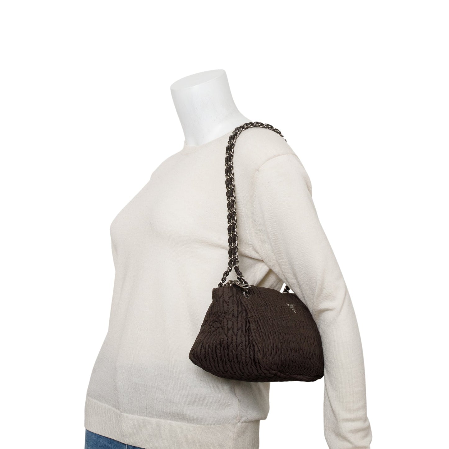 Prada Brown Tessuto Gaufre Nylon Chain Shoulder Bag