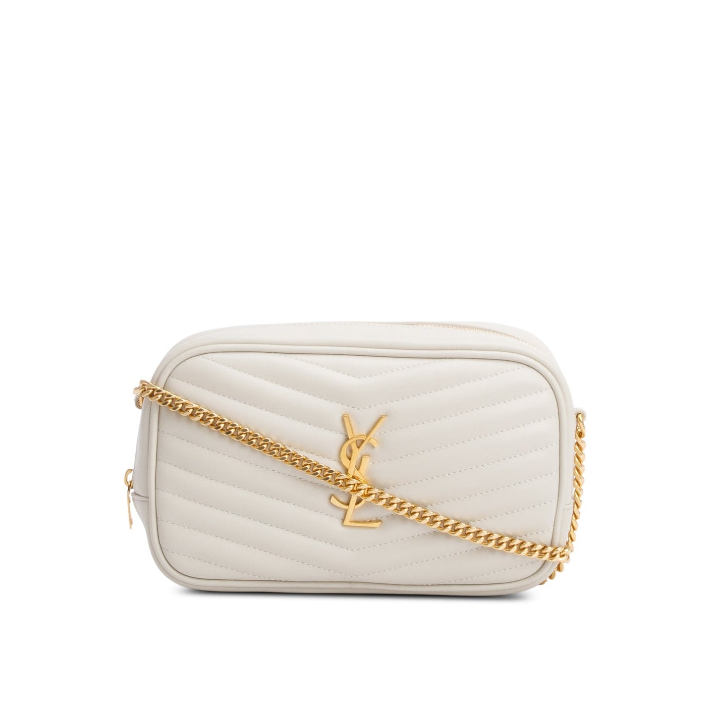 Saint Laurent 2023 White Quilted Calfskin Matelasse Leather Mini Lou Camera Bag