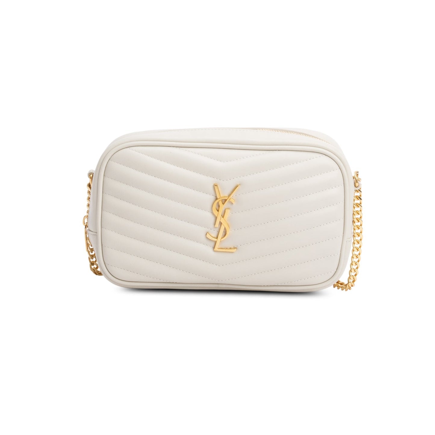 Saint Laurent 2023 White Quilted Calfskin Matelasse Leather Mini Lou Camera Bag