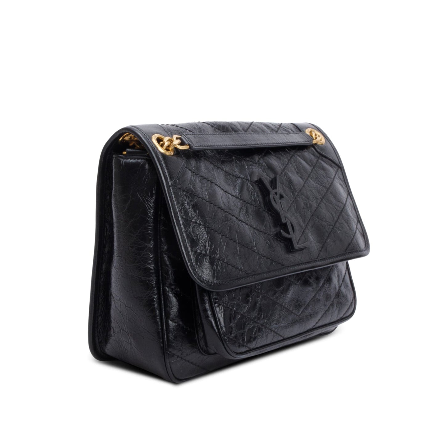 Saint Laurent 2023 Black Crinkled Calfskin Leather Medium Niki Shoulder Bag