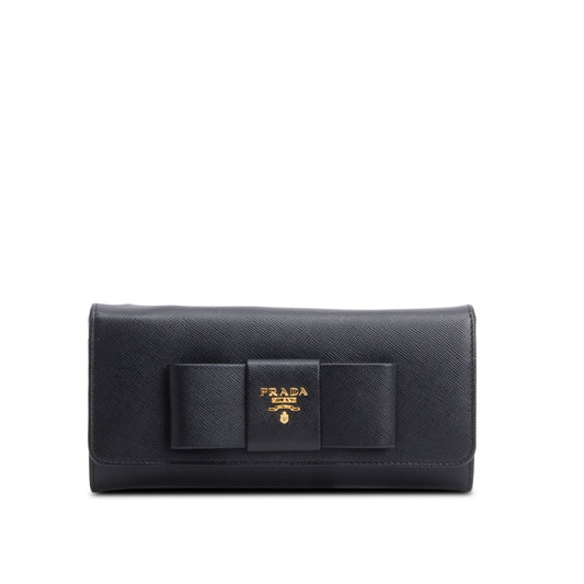 Prada Black Saffiano Leather Continental Bow Wallet