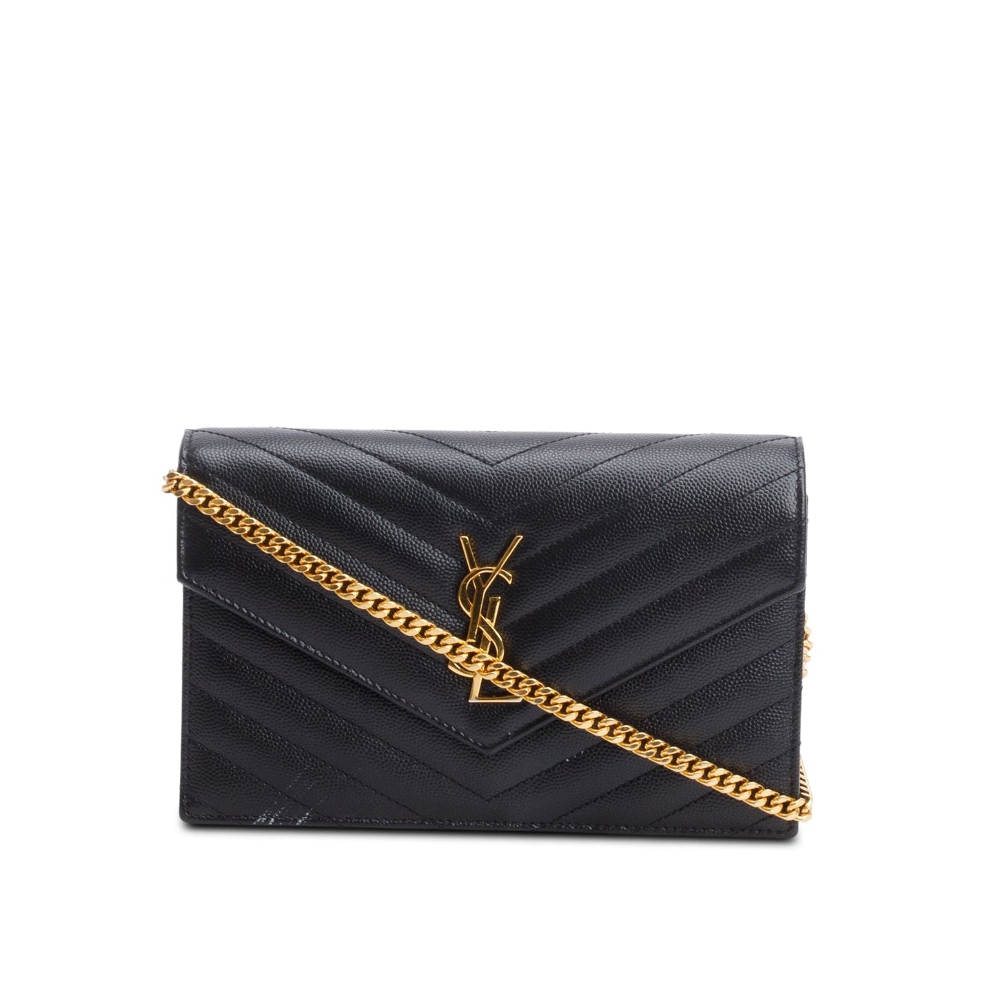 Saint Laurent 2021 Black Grain De Poudre Cassandre Envelope Chain Wallet