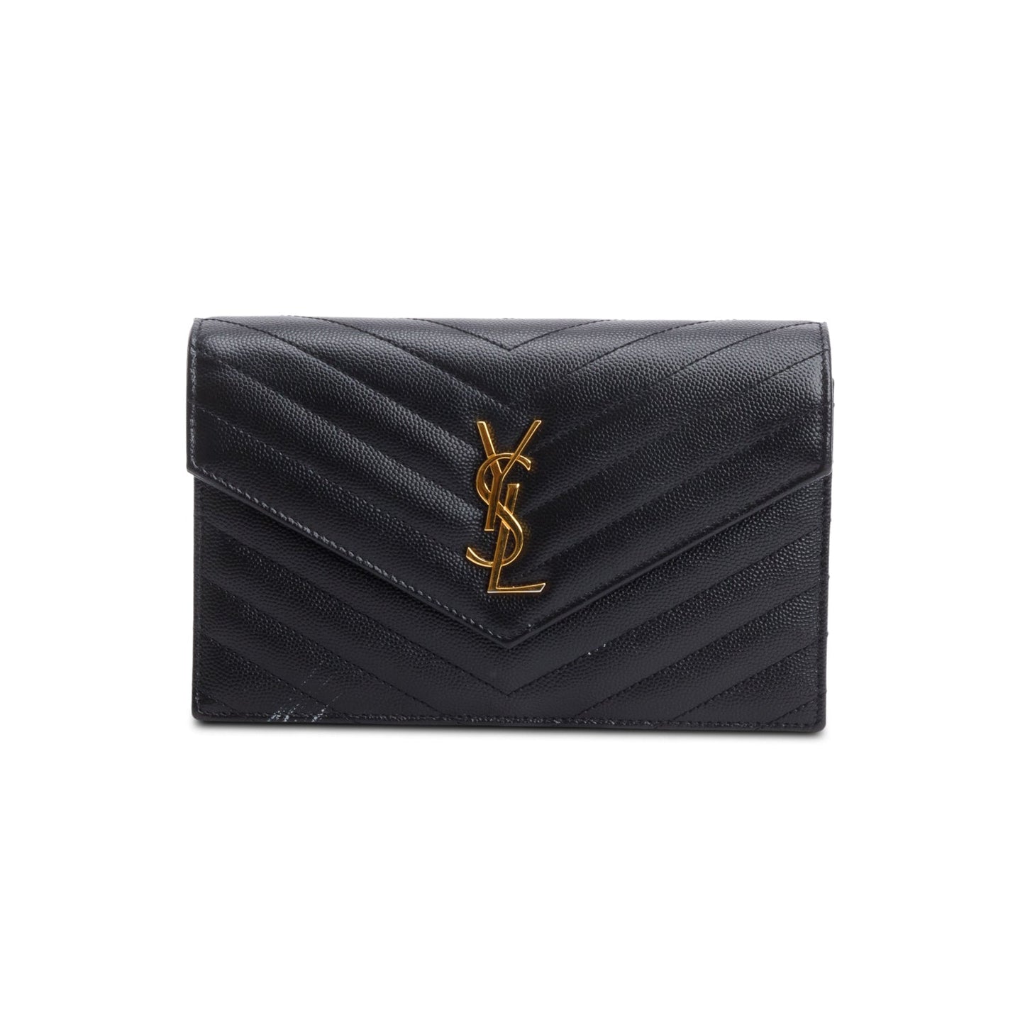 Saint Laurent 2021 Black Grain De Poudre Cassandre Envelope Chain Wallet