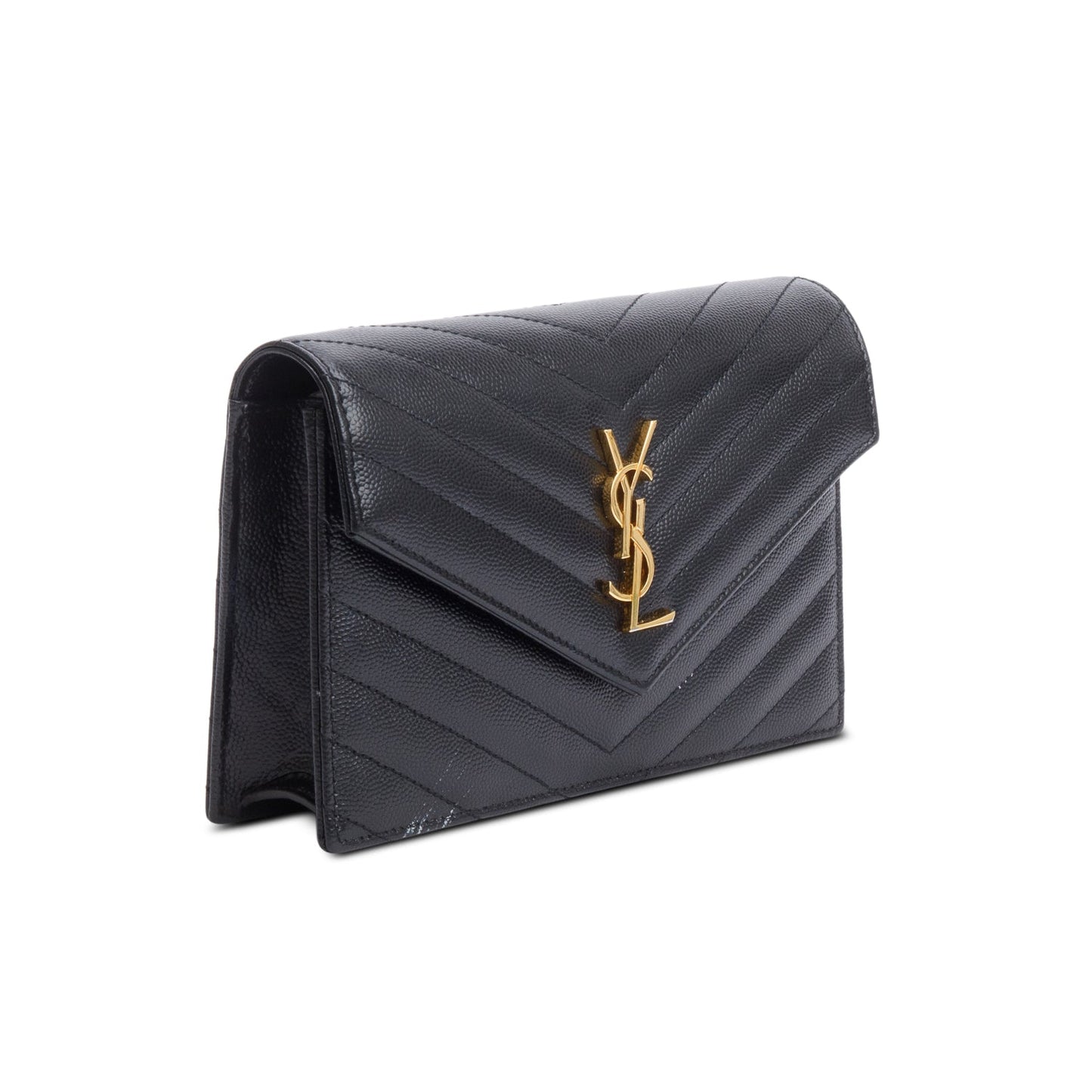 Saint Laurent 2021 Black Grain De Poudre Cassandre Envelope Chain Wallet