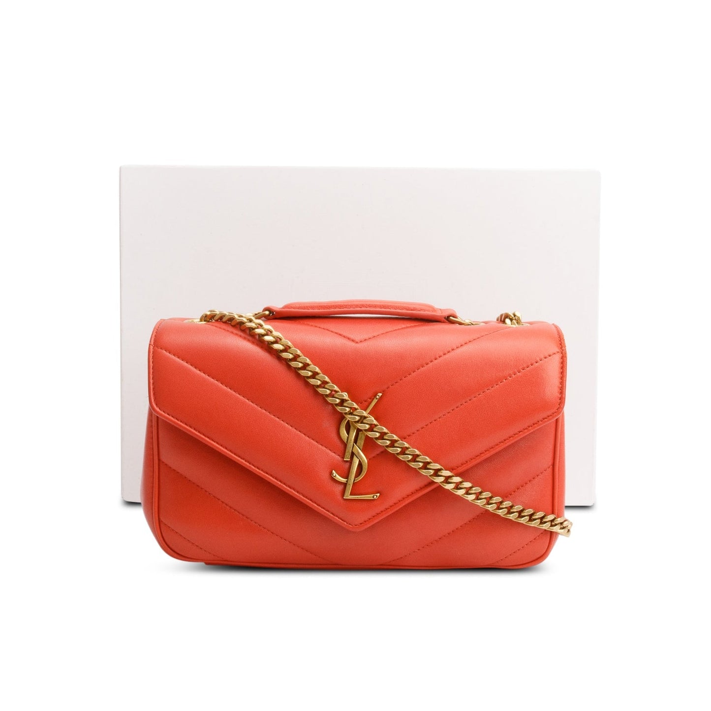 Saint Laurent 2024 Orange Lambskin Chevron Quilted Small LouLou Bag