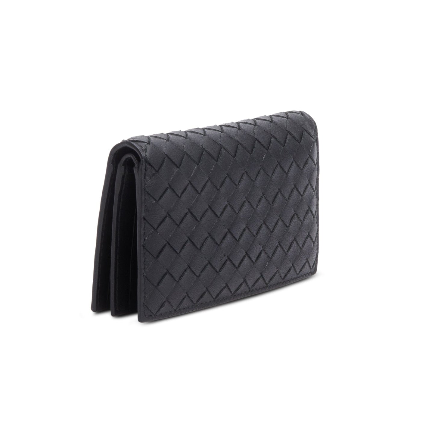 Bottega Veneta Black Intrecciato Calfskin Leather Bi-Fold Compact Wallet