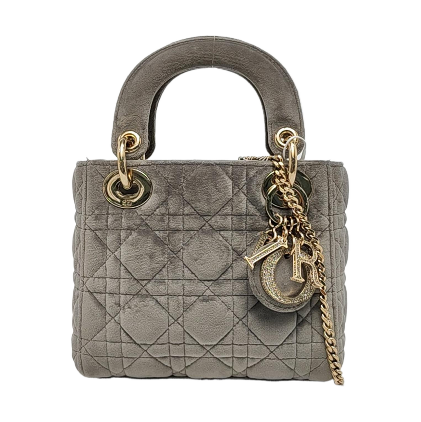Lady Dior Mini Velvet Grey Gold Hardware Chain Strap