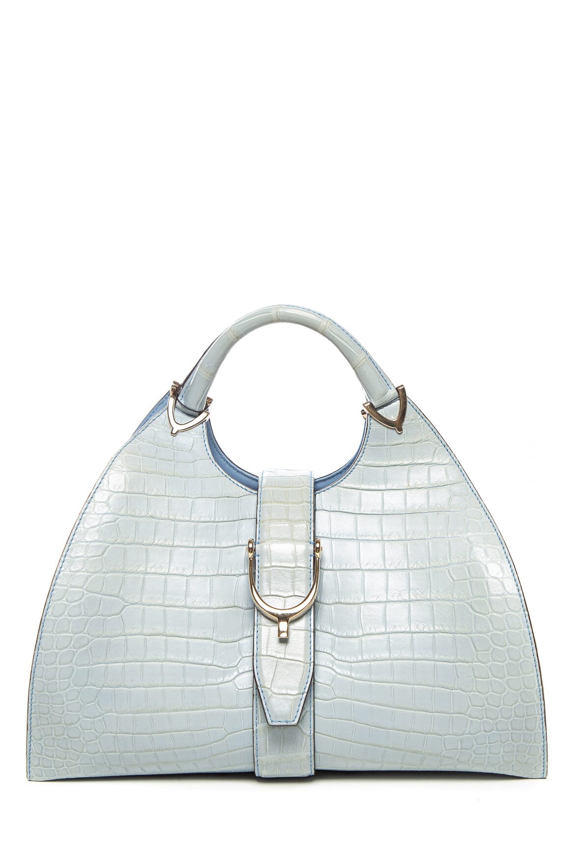 Gucci Crocodile Light Blue Medium Stirrup Top Handle Handbag