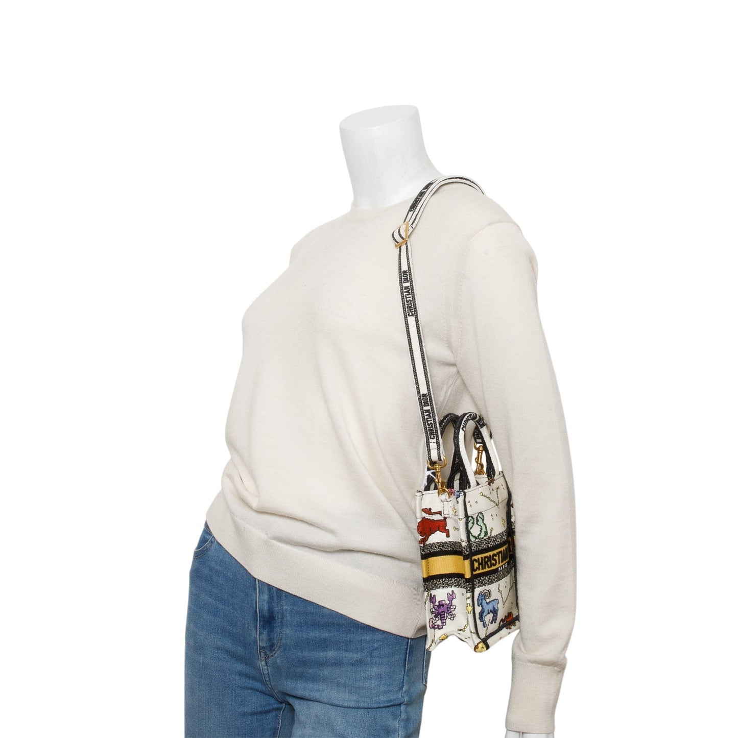 Christian Dior 2022 Cream Canvas Embroidered Pixel Zodiac Mini Book Tote Phone Bag