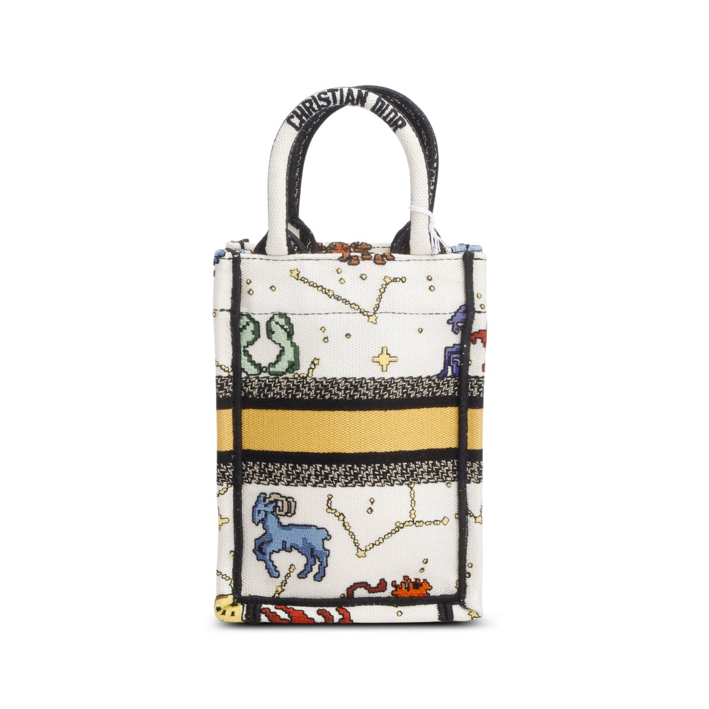 Christian Dior 2022 Cream Canvas Embroidered Pixel Zodiac Mini Book Tote Phone Bag
