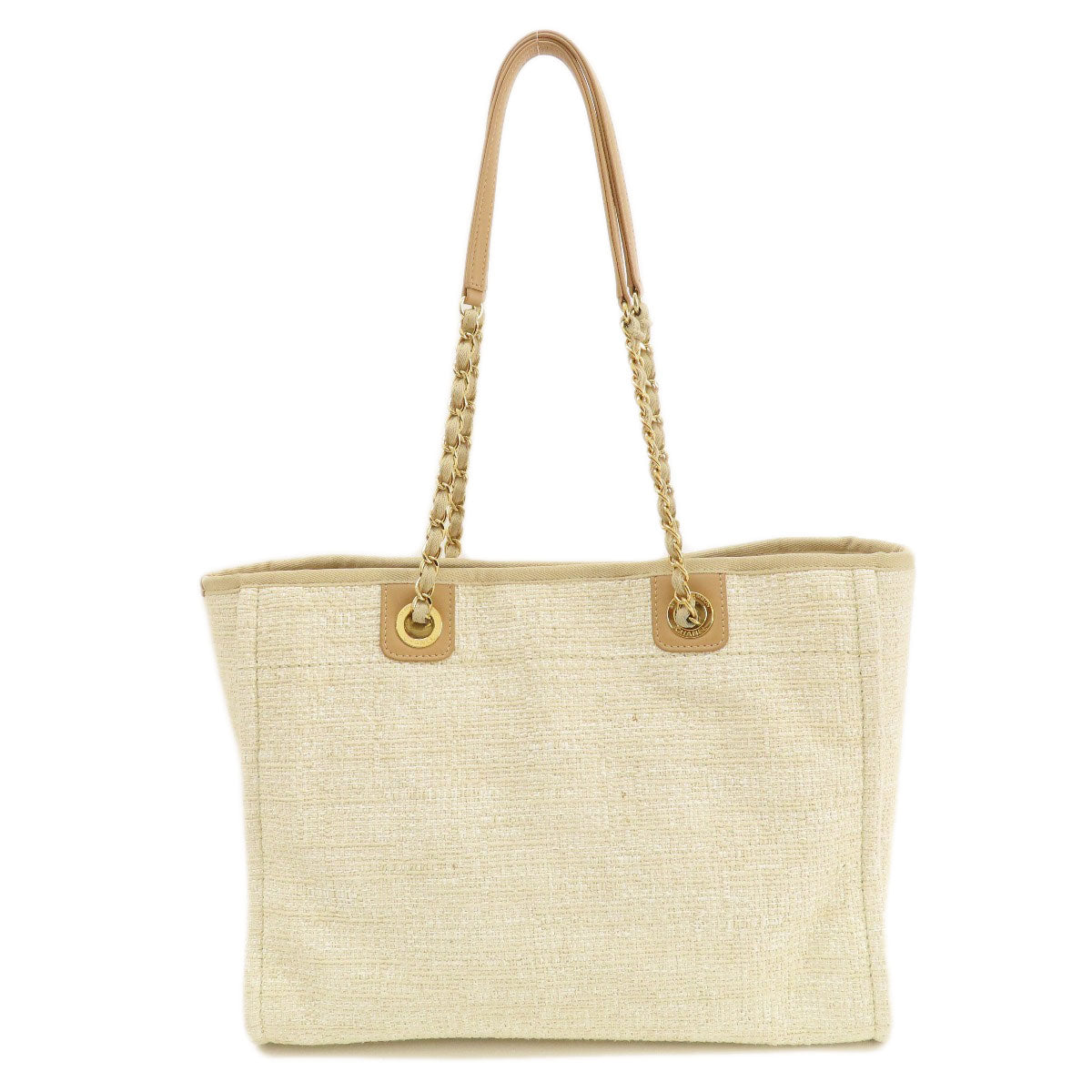CHANEL Tote Bag Tweed white Deauville MM Gold Metal