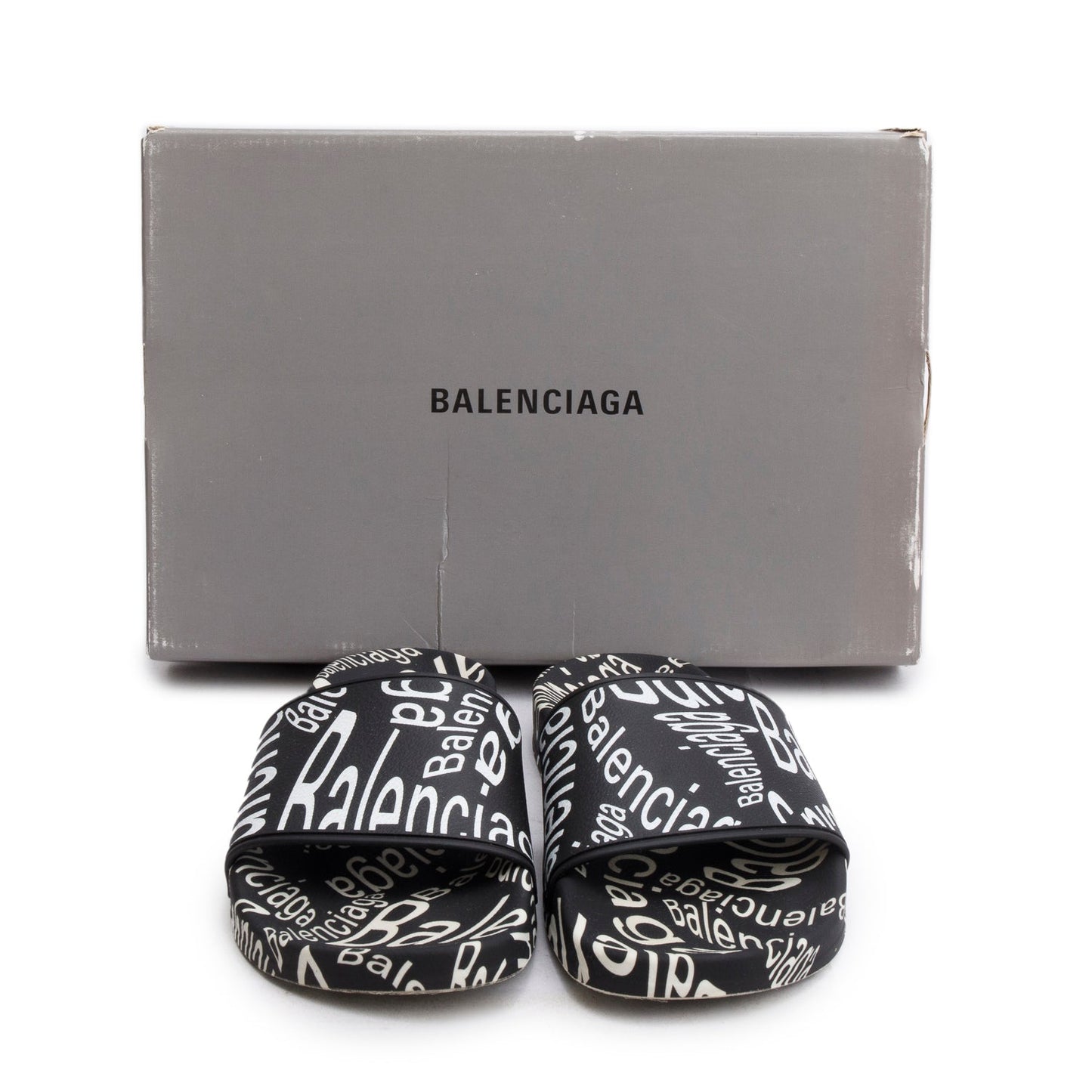 Balenciaga Black/White Rubber All Over Logo Print Pool Slide Sandals, Size 39