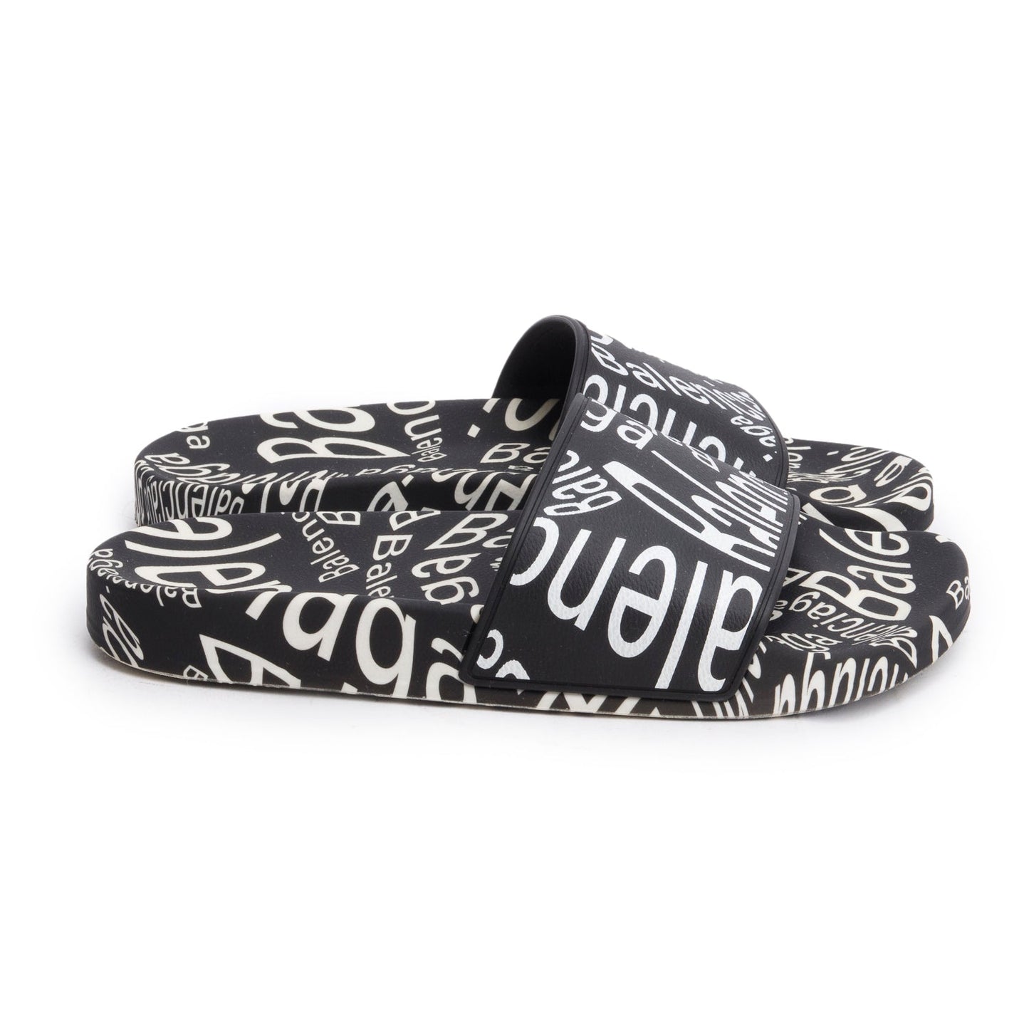 Balenciaga Black/White Rubber All Over Logo Print Pool Slide Sandals, Size 39