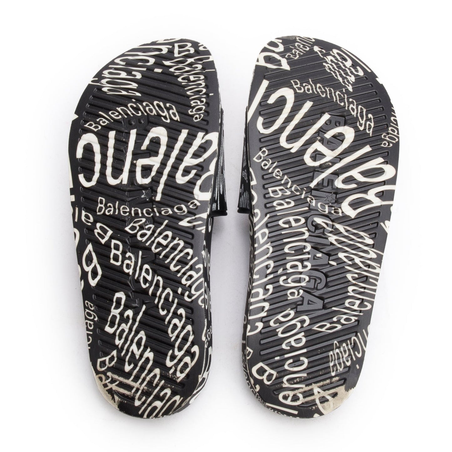 Balenciaga Black/White Rubber All Over Logo Print Pool Slide Sandals, Size 39