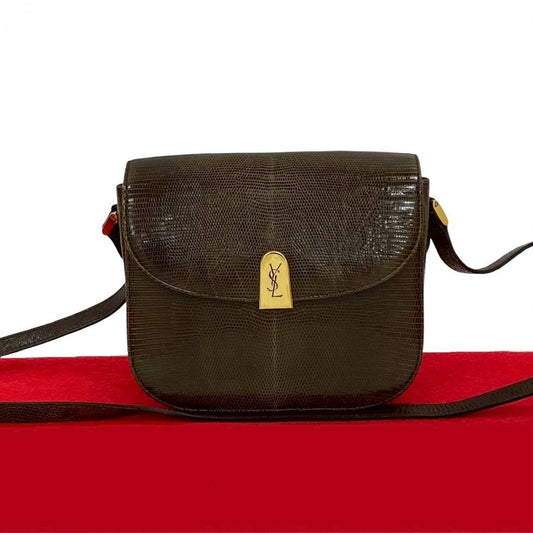 YVES SAINT LAURENT Shoulder Bag leather Brown YSL logo Metal Women