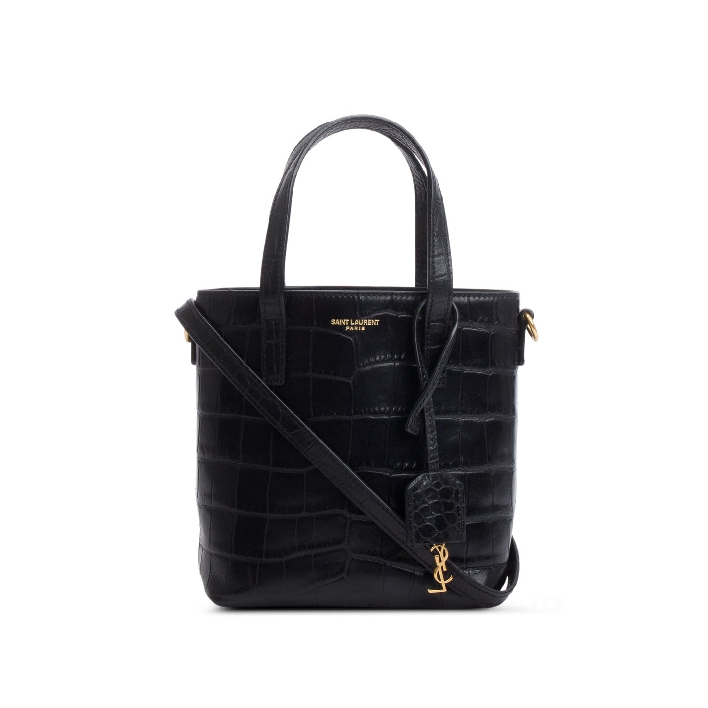 Saint Laurent 2026 Black Croc Embossed Calfskin Mini Toy Shopper Tote