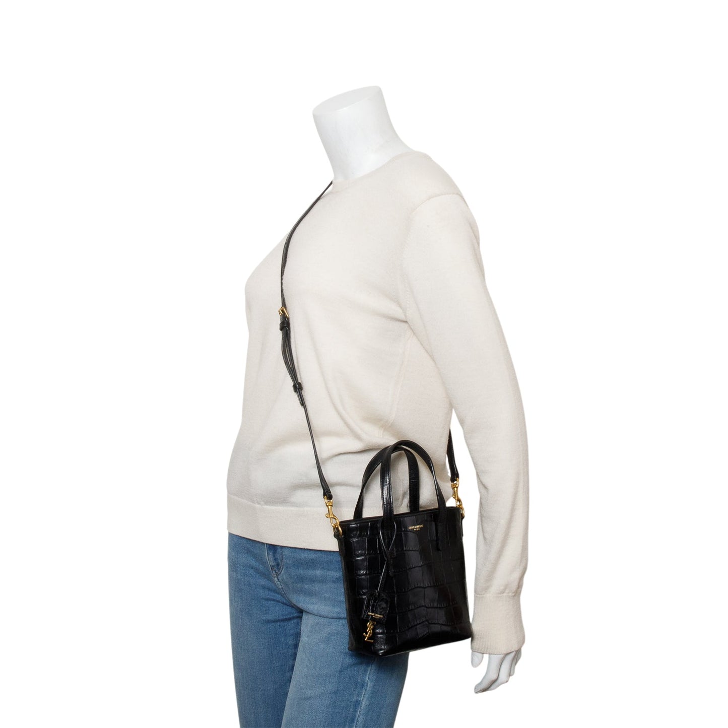 Saint Laurent 2026 Black Croc Embossed Calfskin Mini Toy Shopper Tote