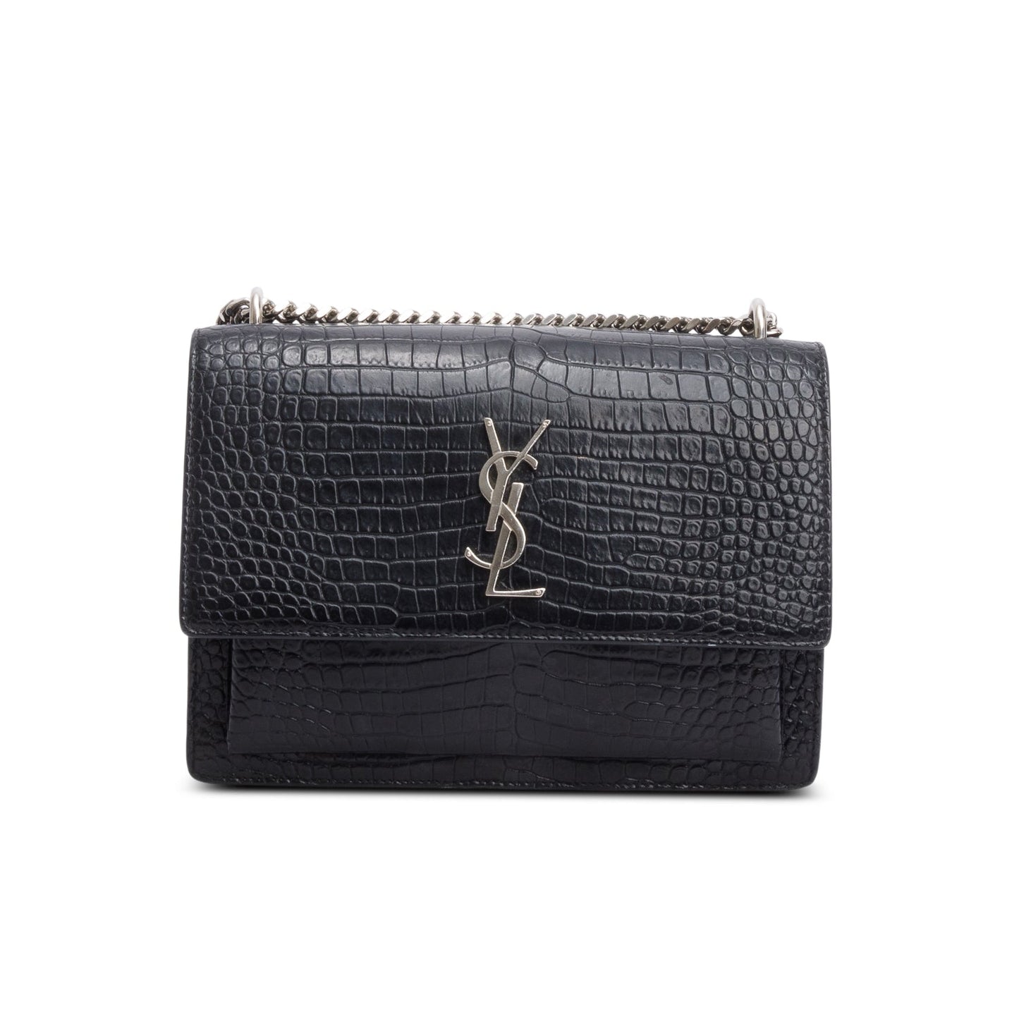 Saint Laurent Black Croc Embossed Calfskin Medium Sunset Bag