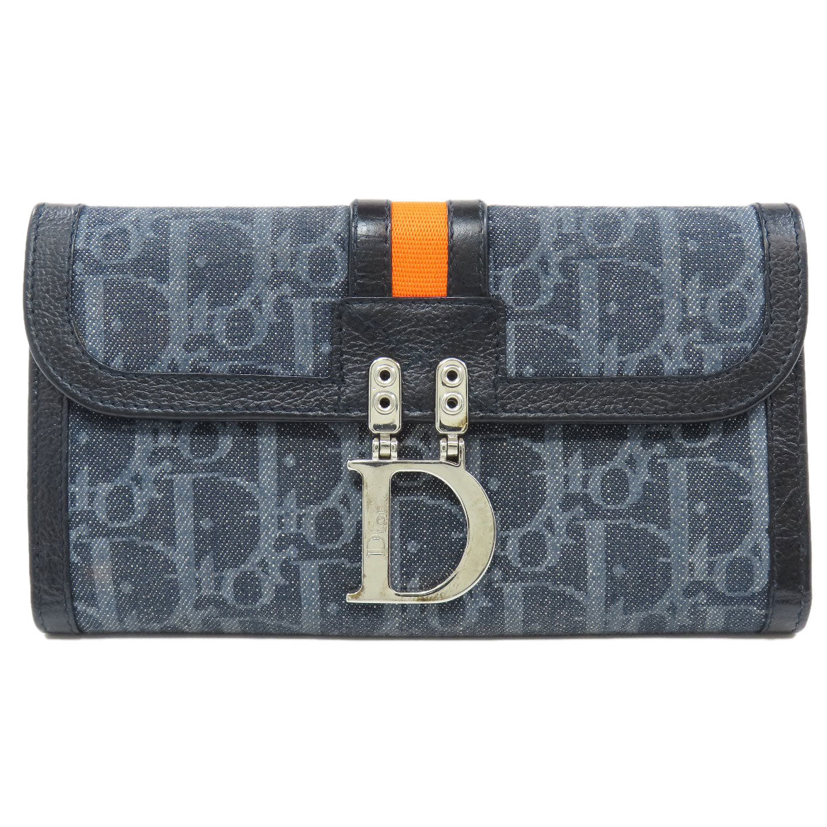 Christian Dior Long Wallet Purse denim Navy Trotter Pattern Women