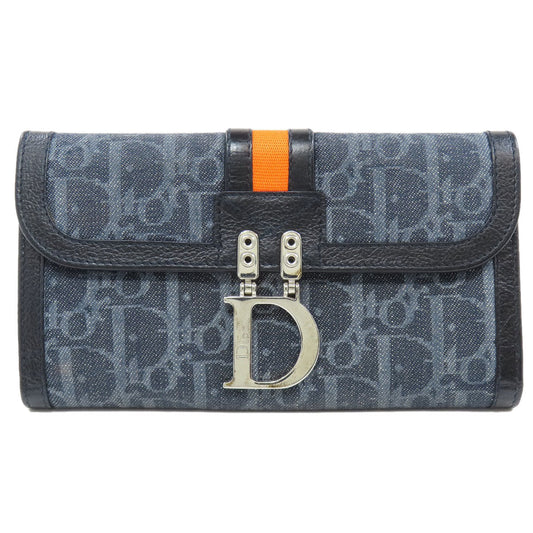 Christian Dior Long Wallet Purse denim Navy Trotter Pattern Women
