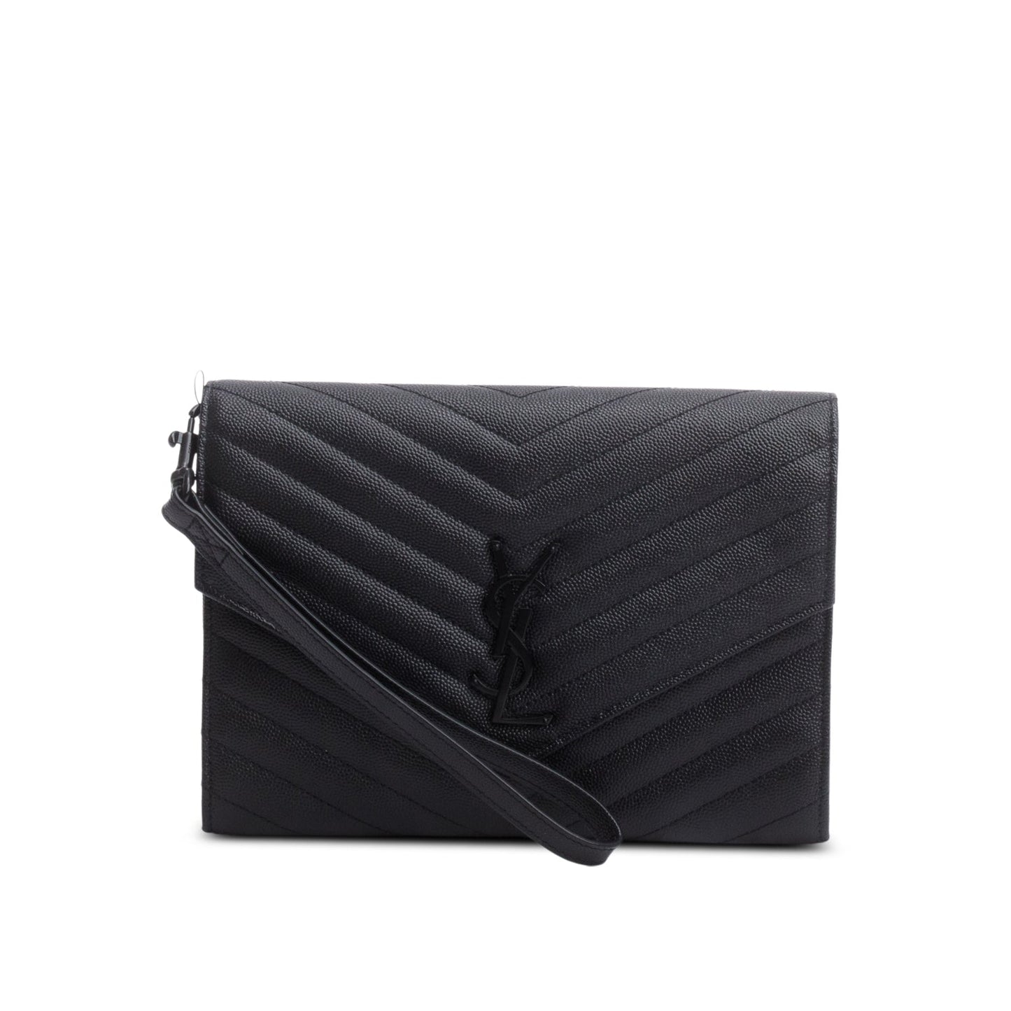 Saint Laurent 2023 Black Grain De Poudre Matelasse Chevron Cassandre Flap Clutch