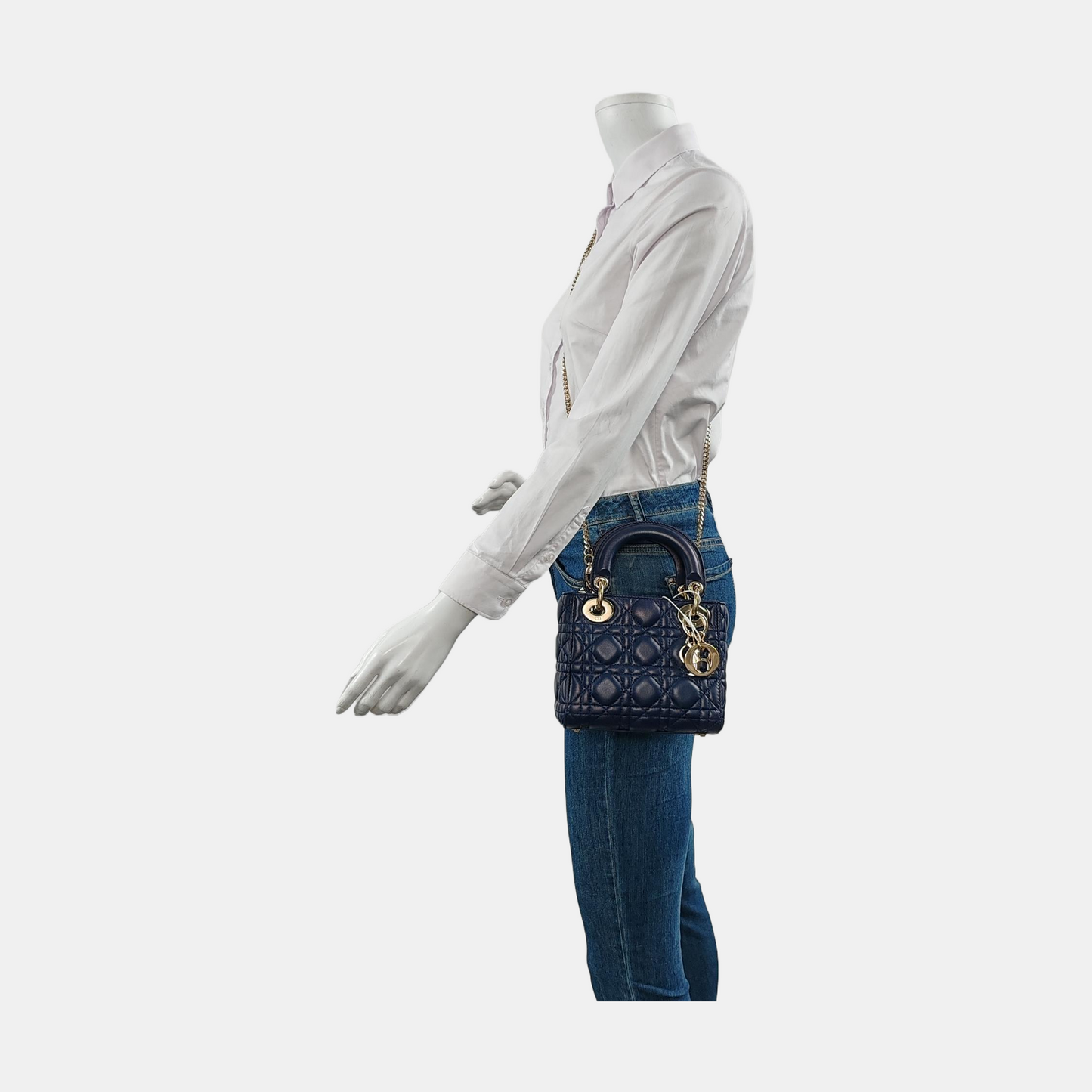 Lady Dior Mini Navy Cannage Lambskin Gold Hardware Chain Strap
