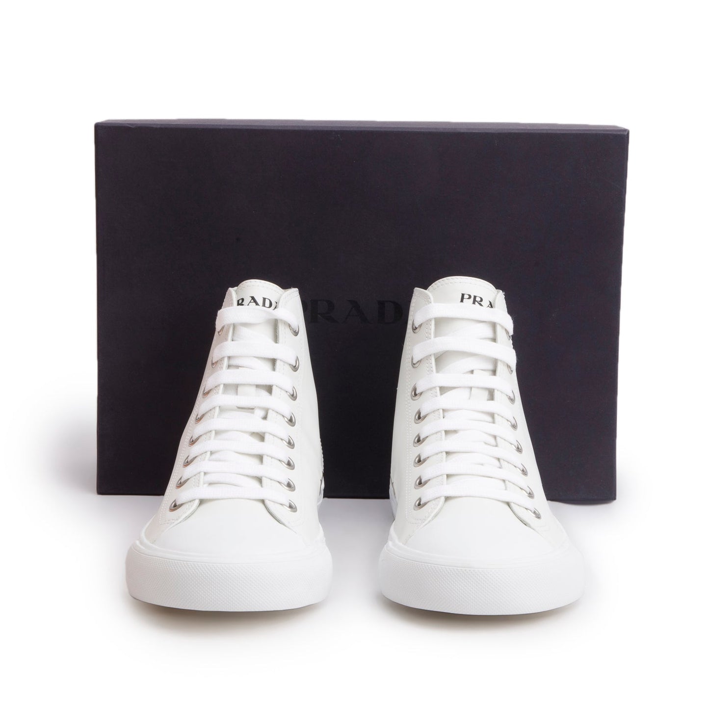 Prada White Vitello Plume Logo High Top Sneakers, Men's Size 9
