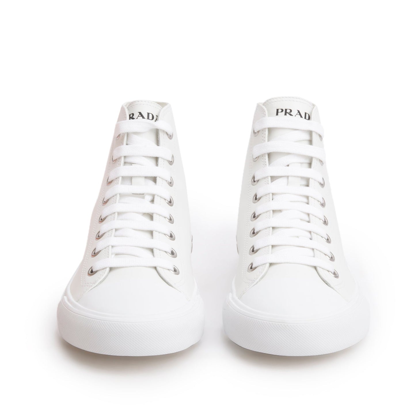 Prada White Vitello Plume Logo High Top Sneakers, Men's Size 9