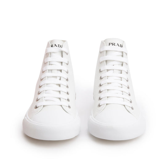 Prada White Vitello Plume Logo High Top Sneakers, Men's Size 9