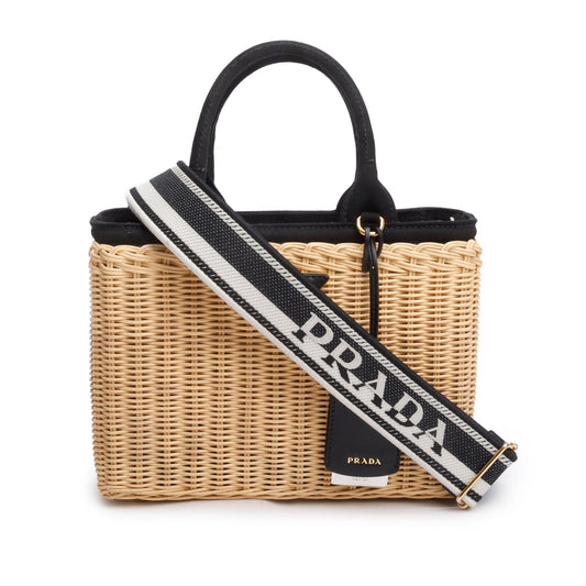Prada 2023 Wicker/Canvas Medium Tote Naturale