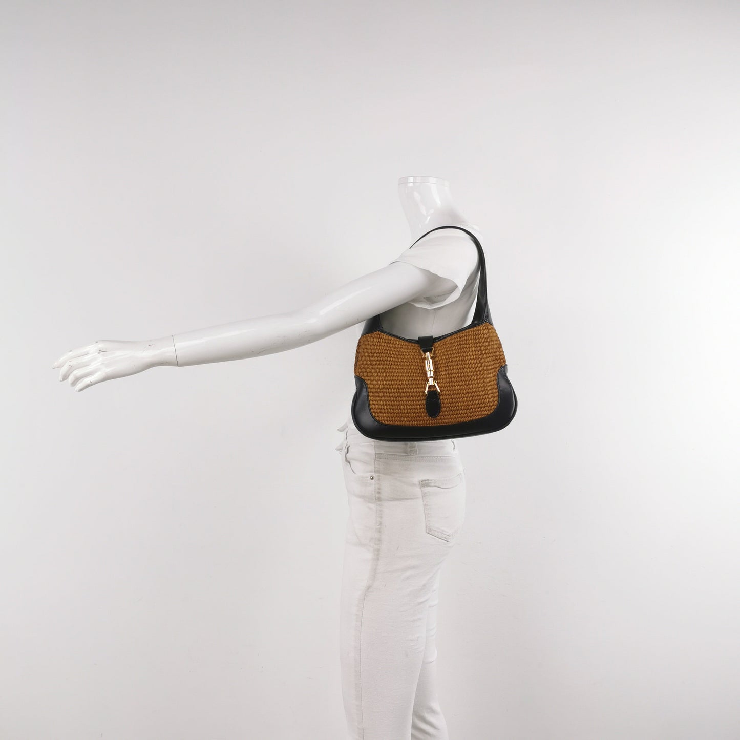 Gucci Jackie 1961 Beige Camel Wicker Bag Black Leather Gold Hardware Leather Strap