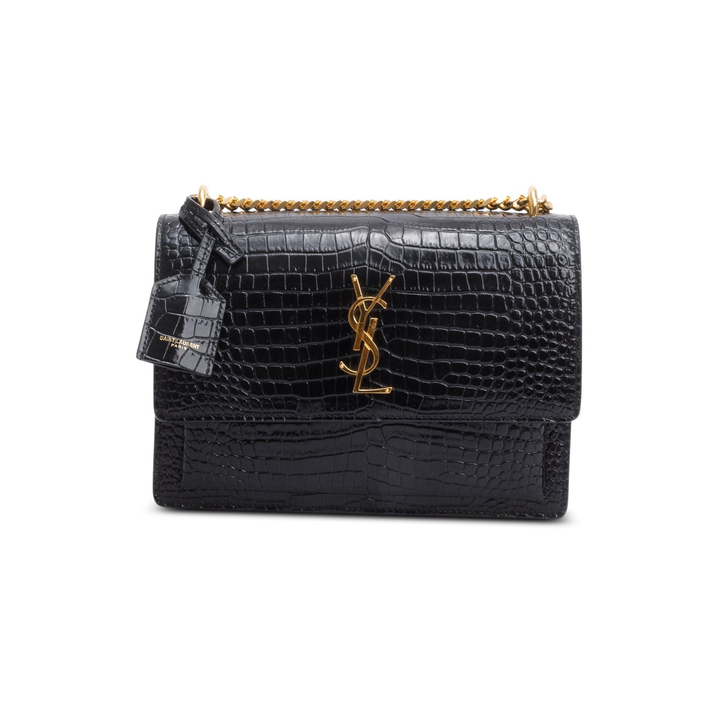 Saint Laurent Black Croc Embossed Calfskin Medium Sunset Bag