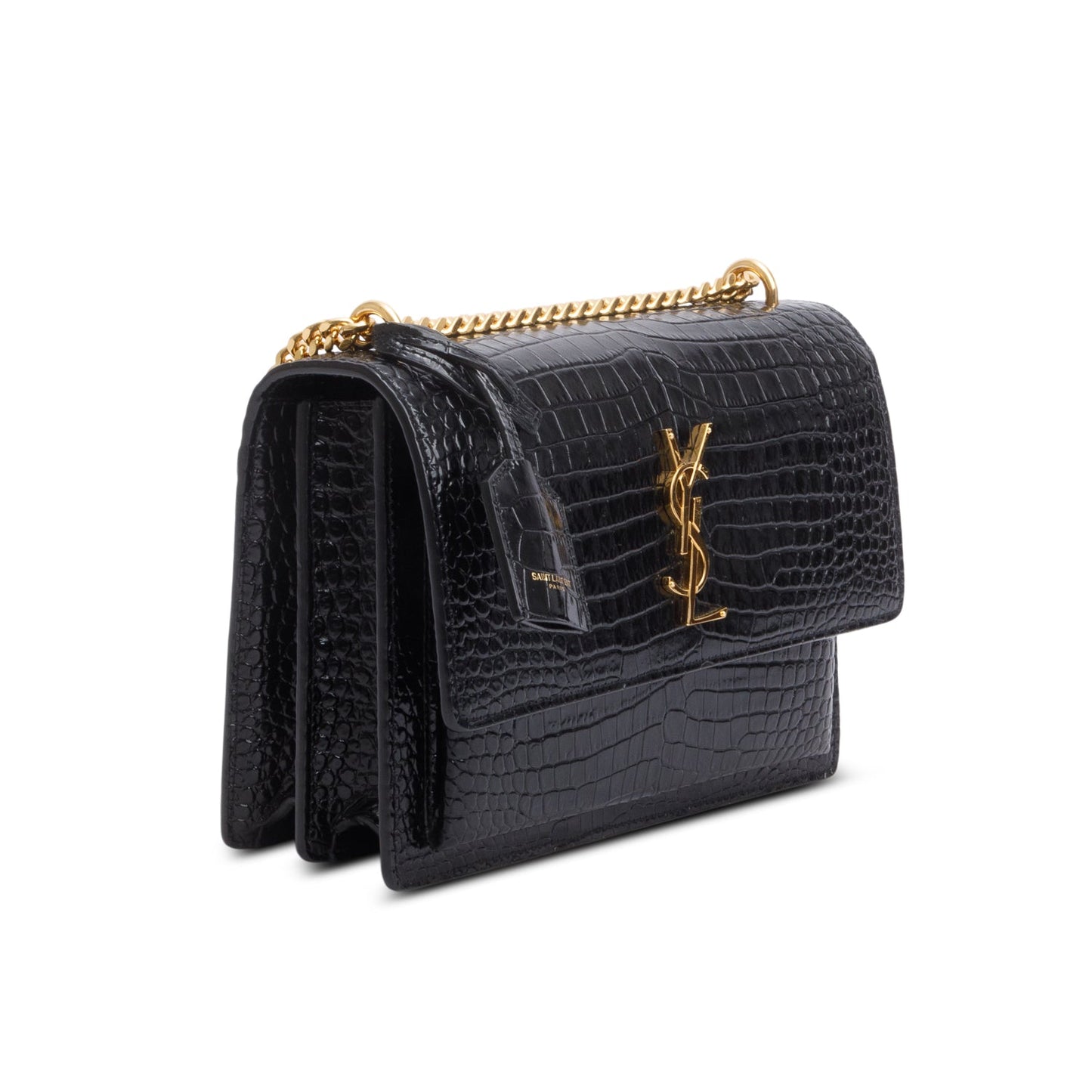 Saint Laurent Black Croc Embossed Calfskin Medium Sunset Bag