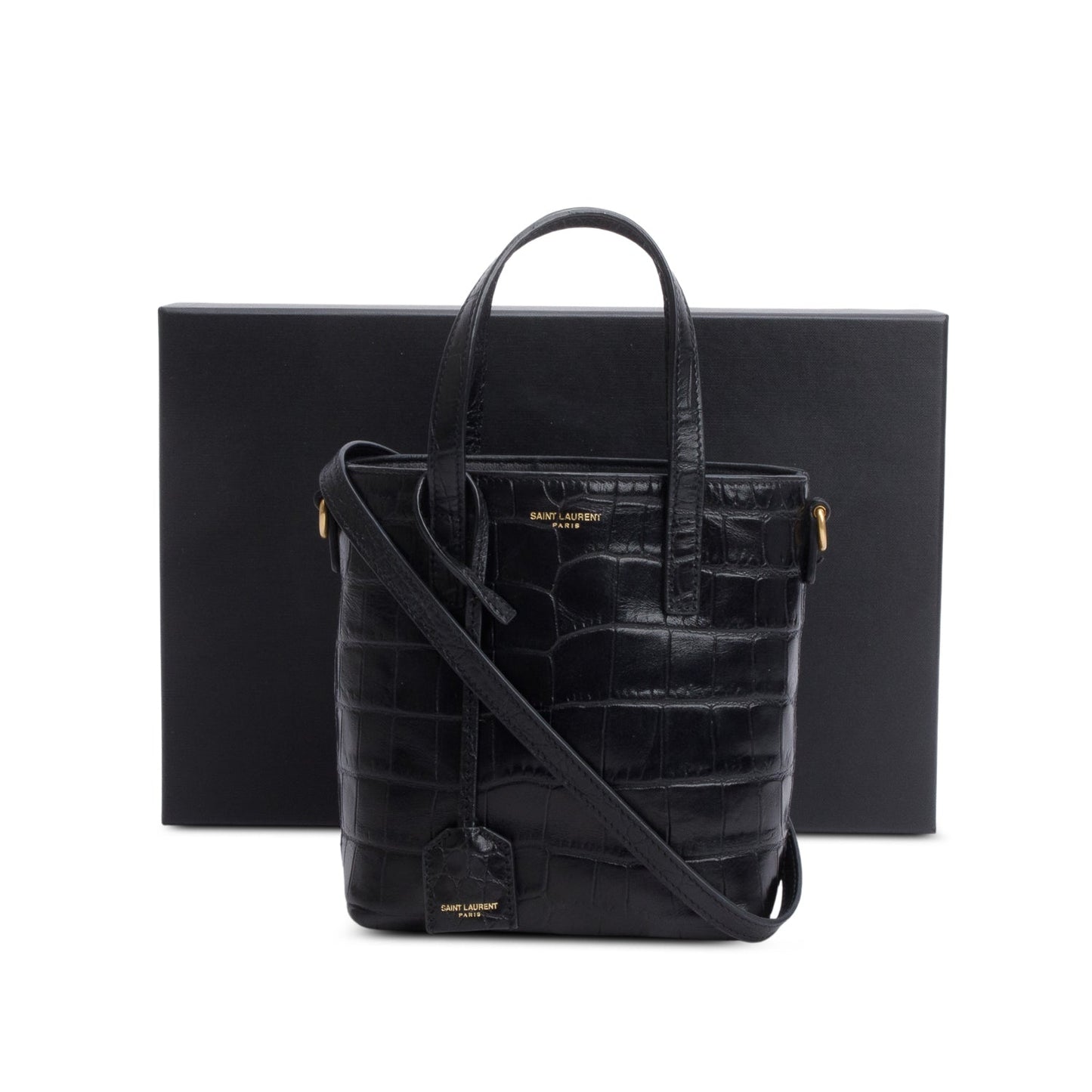 Saint Laurent 2023 Black Croc Embossed Calfskin Mini Toy Shopper Tote