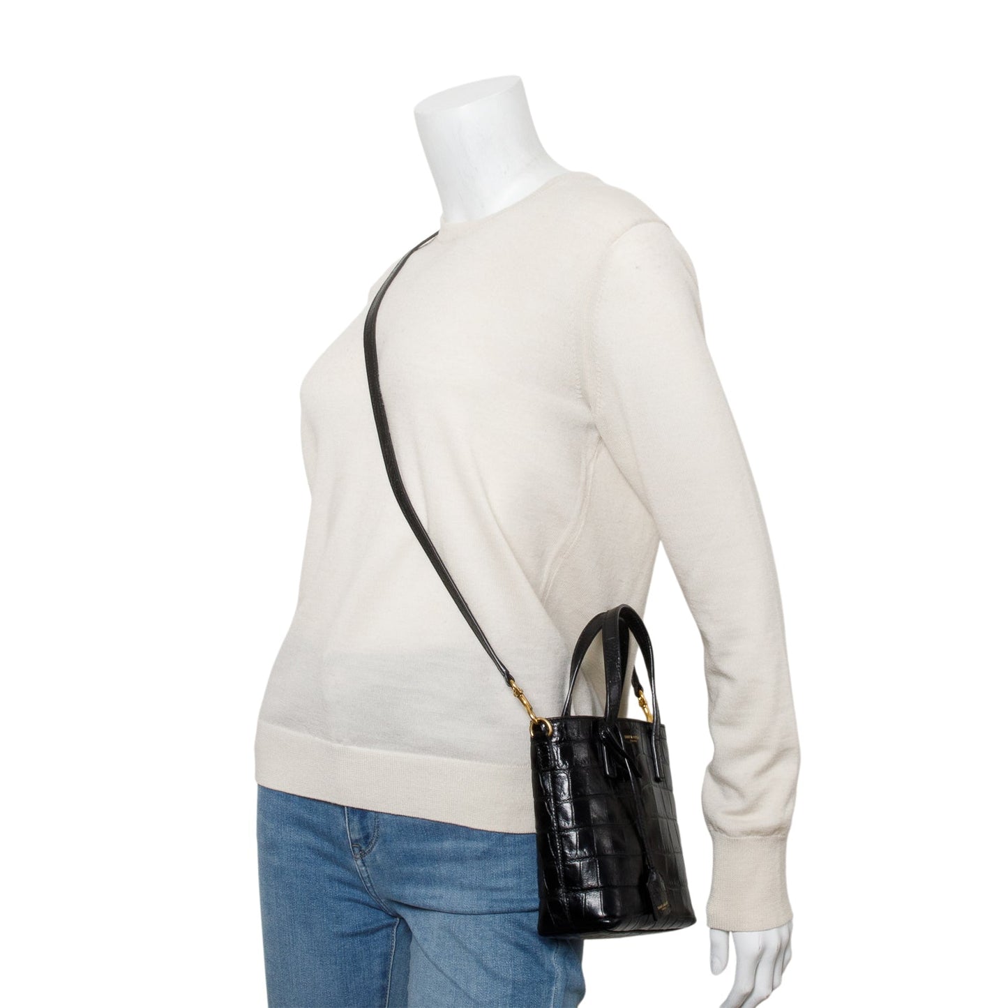 Saint Laurent 2023 Black Croc Embossed Calfskin Mini Toy Shopper Tote