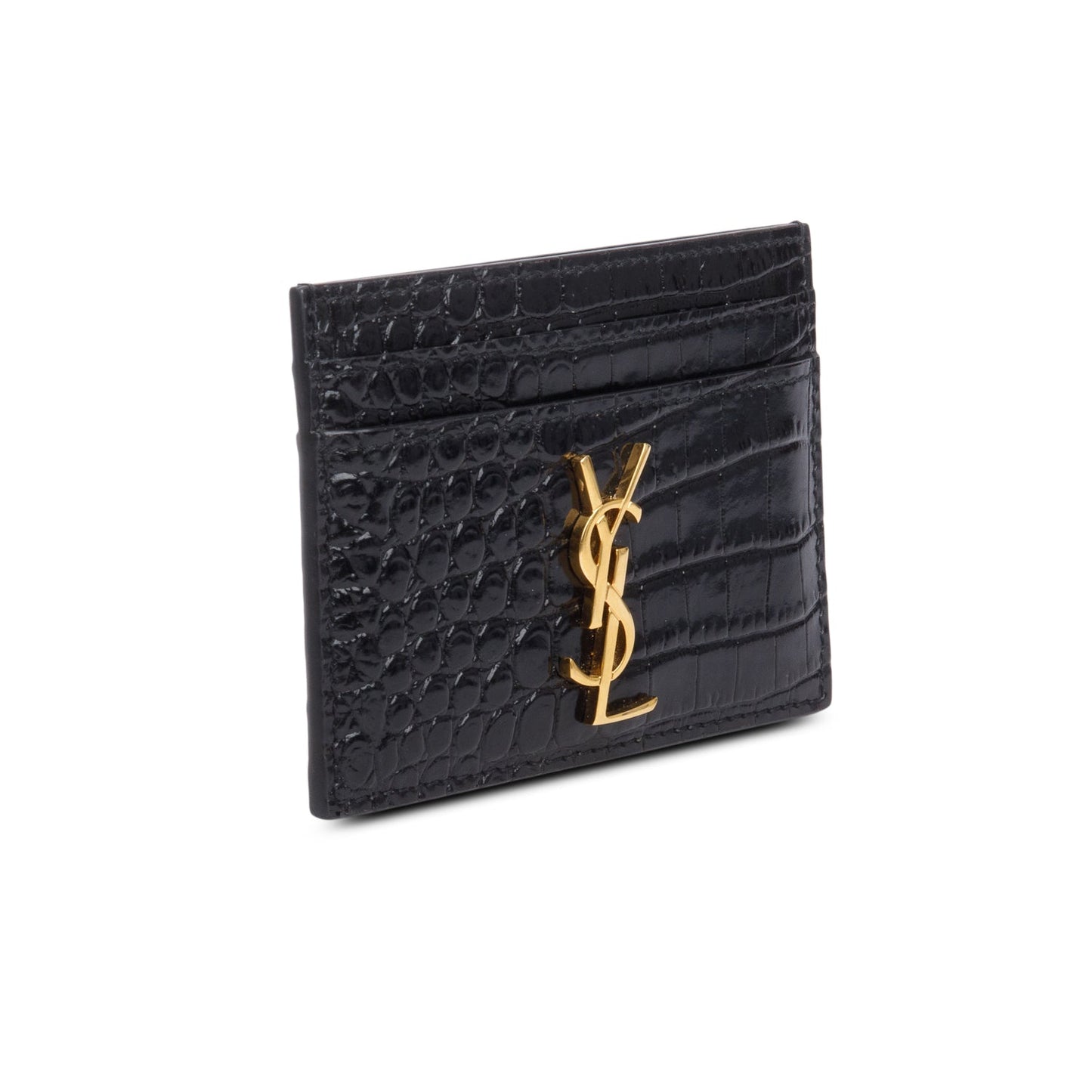 Saint Laurent Crocodile Embossed Leather Cassandre Card Holder