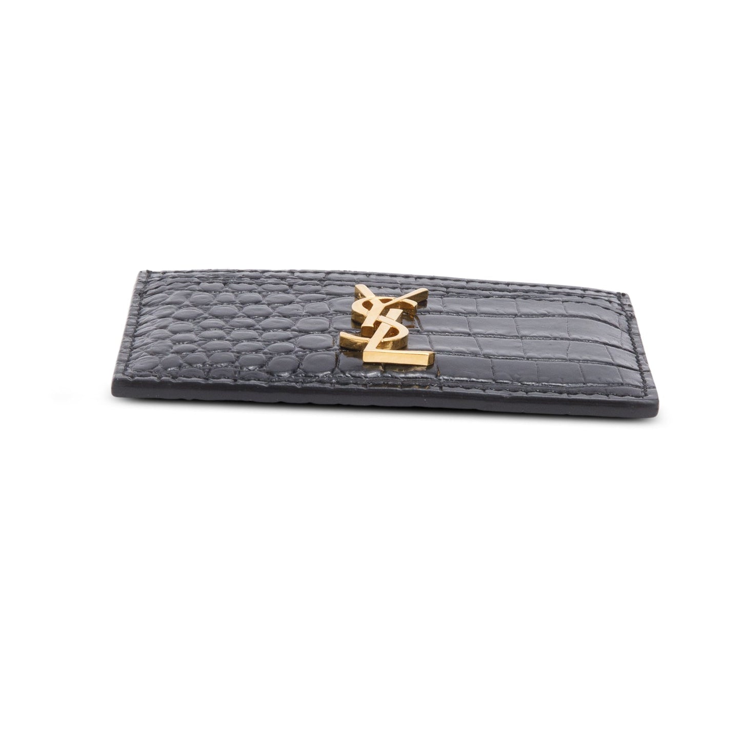 Saint Laurent Crocodile Embossed Leather Cassandre Card Holder